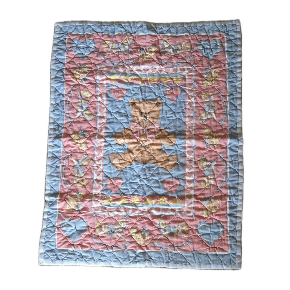 VTG Handmade Baby Quilt Teddy‎ Bear Rocking Horse Pastel Pink Blue Nursery Crib
